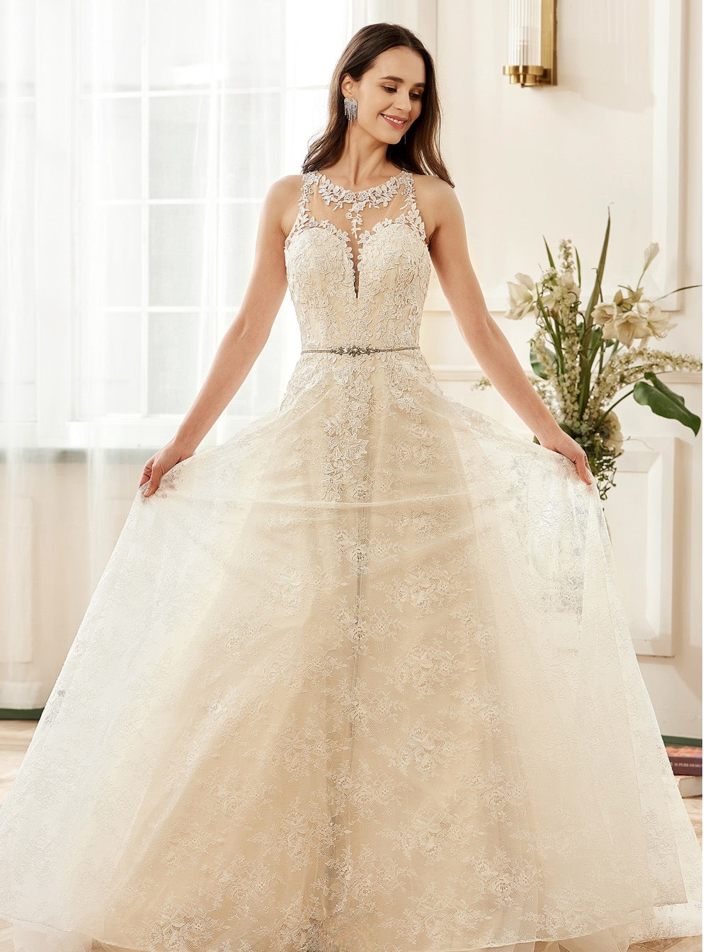 Illusion Halter Neckline Lace Tulle Bridal Gown