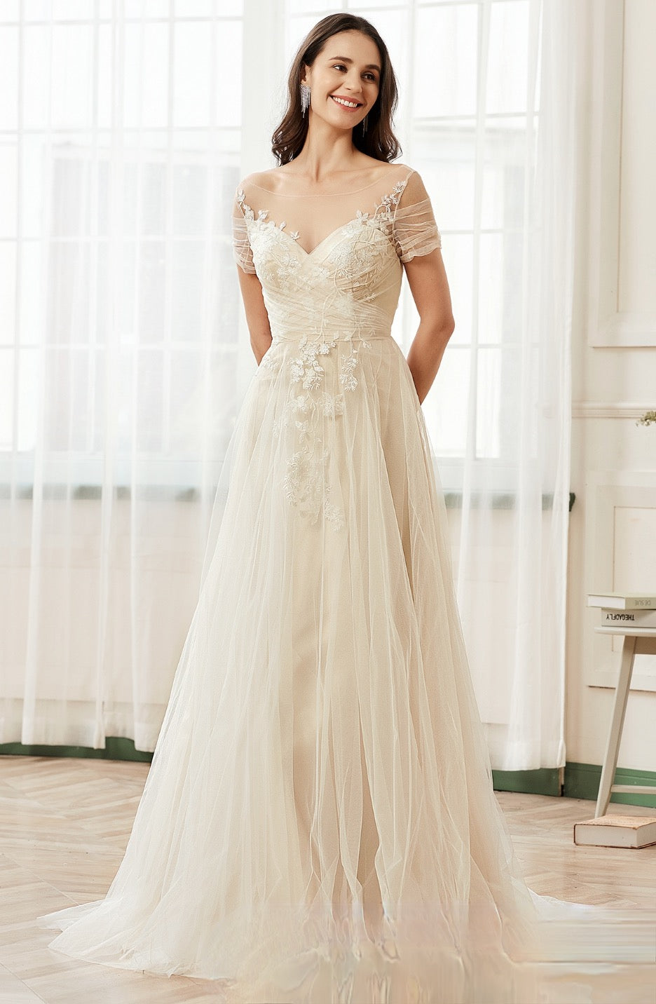 Romantic Off The Shoulder Illusion Pleated Bodice Tulle Bridal Gown