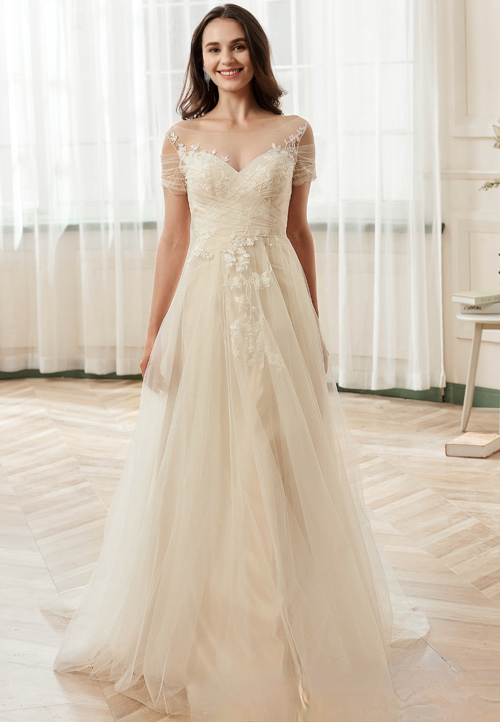 Romantic Off The Shoulder Illusion Pleated Bodice Tulle Bridal Gown