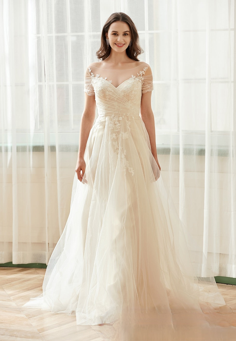 Romantic Off The Shoulder Illusion Pleated Bodice Tulle Bridal Gown