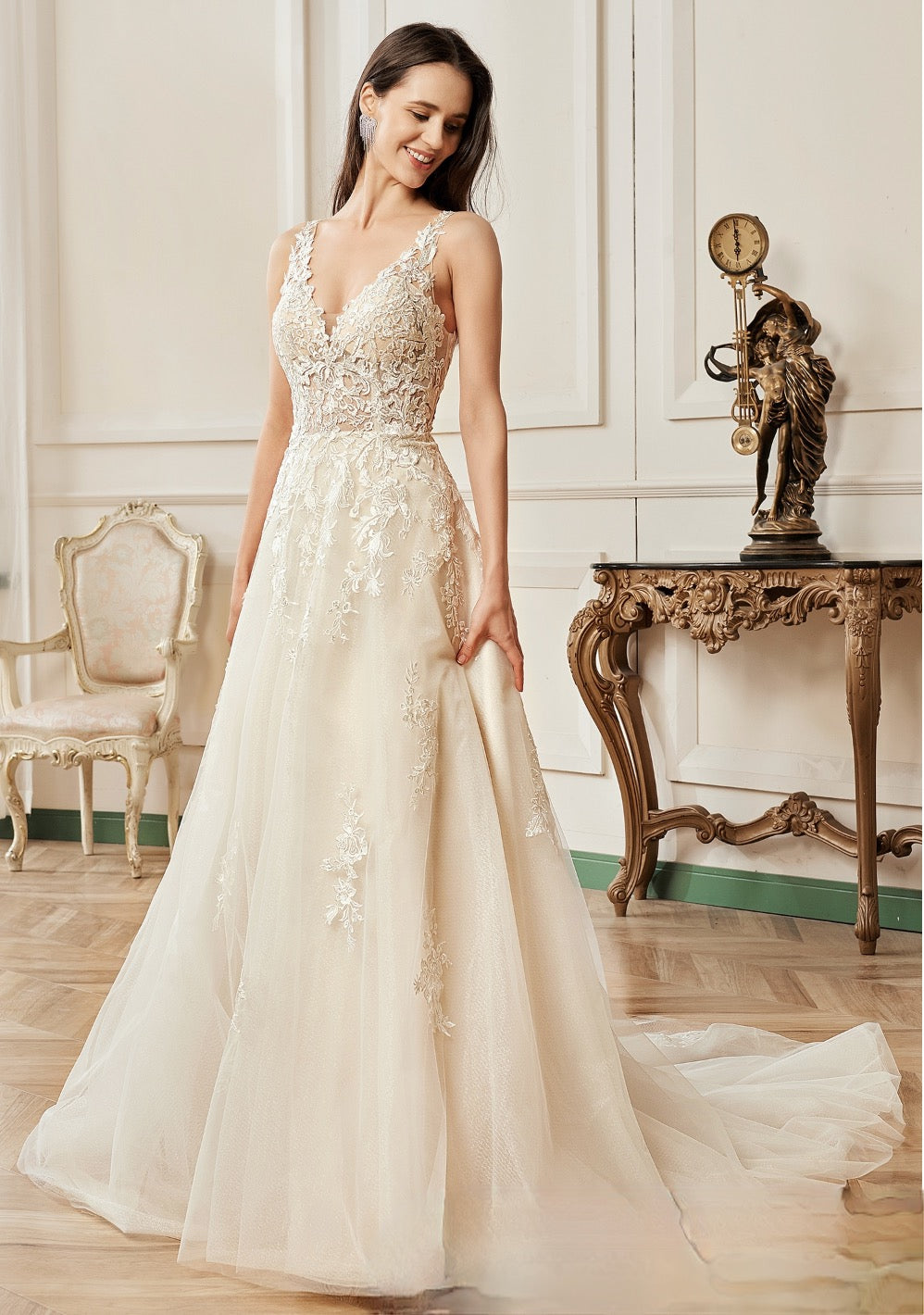 Illusion V-Neckline A-Line Lace Straps Bridal Gown