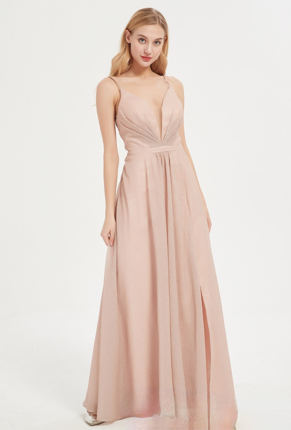 V-Neck Shinny Bridesmaid Dress with Criss Cross Back