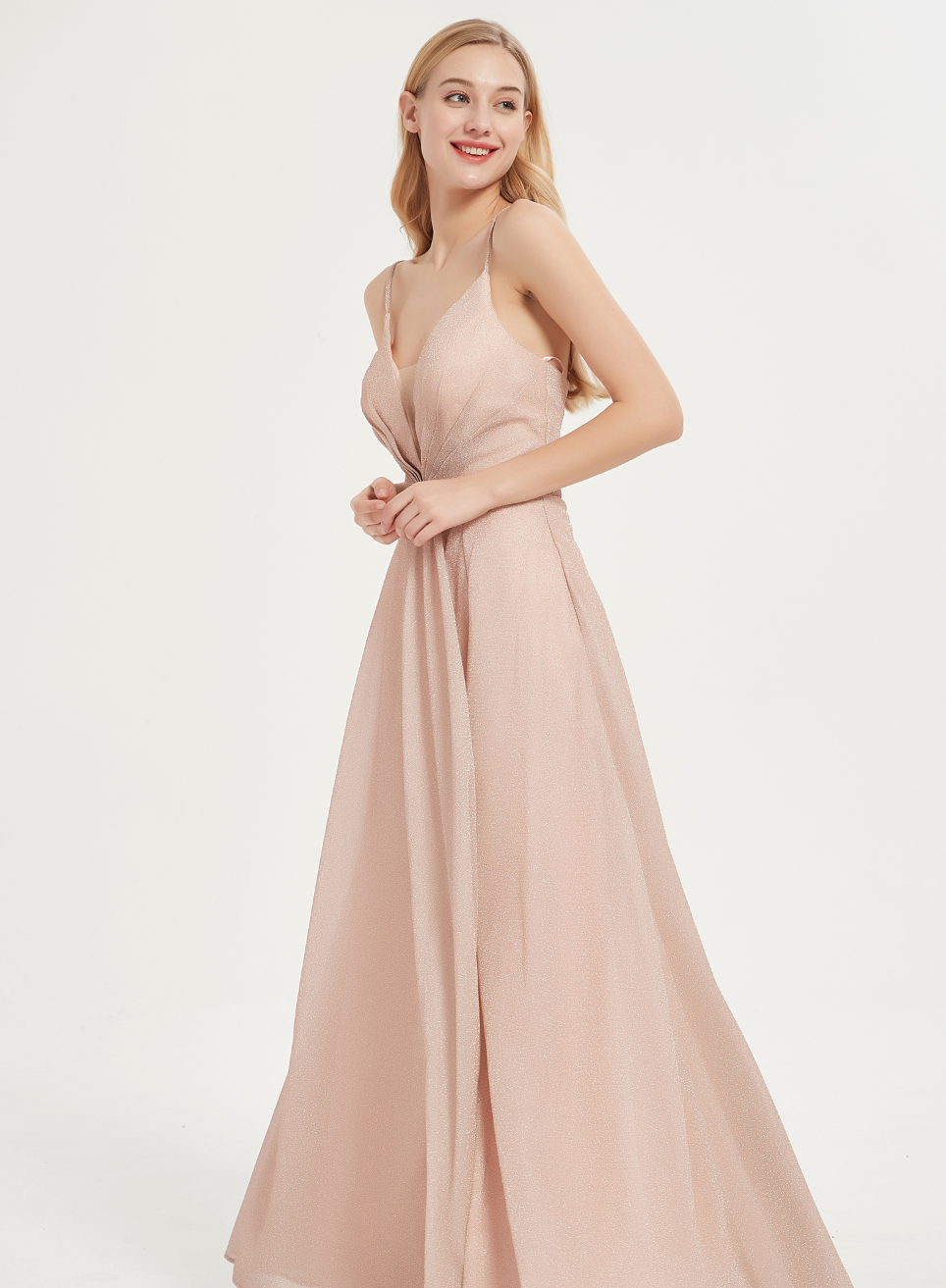 V-Neck Shinny Bridesmaid Dress with Criss Cross Back