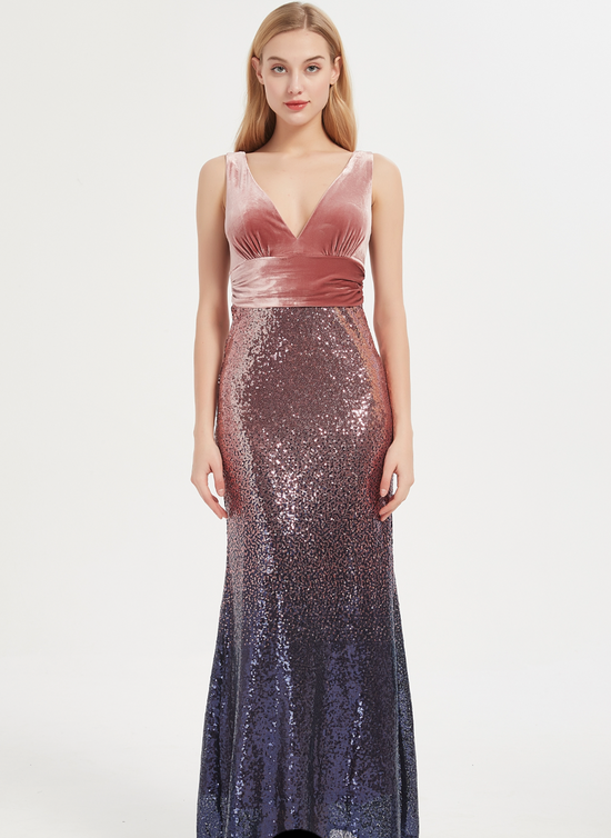 Load image into Gallery viewer, Velvet Bridesmaid Dress Mermaid Sequined Skirt with V-Neckline
