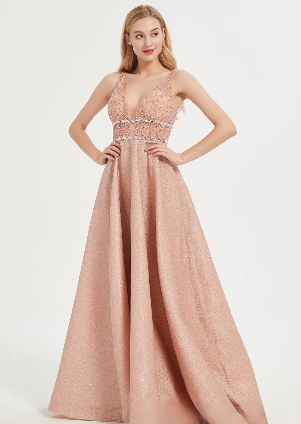 V-Neck Shinny Bridesmaid Dresses with Beaded Bodice