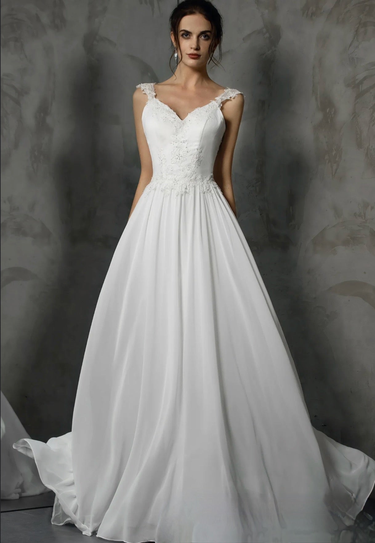 Stunning V Neckline Chiffon Wedding Dress With Beaded Appliques