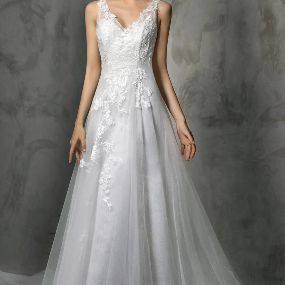Shining V-Neck Wedding Dress With Long Tulle Train