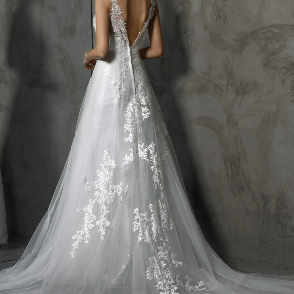 Shining V-Neck Wedding Dress With Long Tulle Train