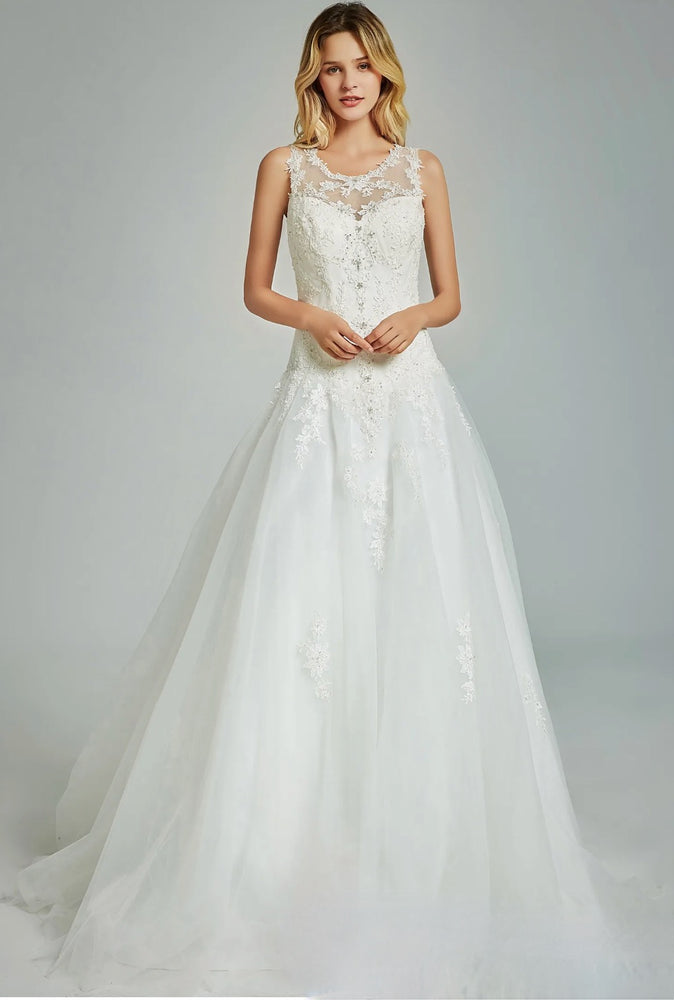 
                      
                        Elegant A-Line Sheer Back Bridal Gown With Appliques
                      
                    