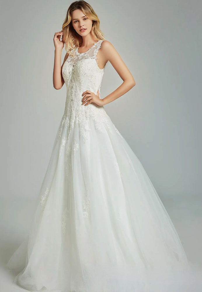 
                      
                        Elegant A-Line Sheer Back Bridal Gown With Appliques
                      
                    