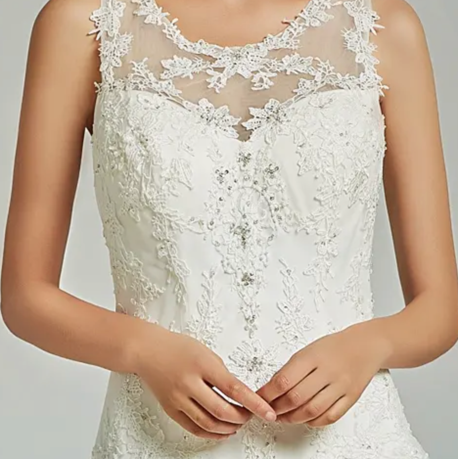 
                      
                        Elegant A-Line Sheer Back Bridal Gown With Appliques
                      
                    