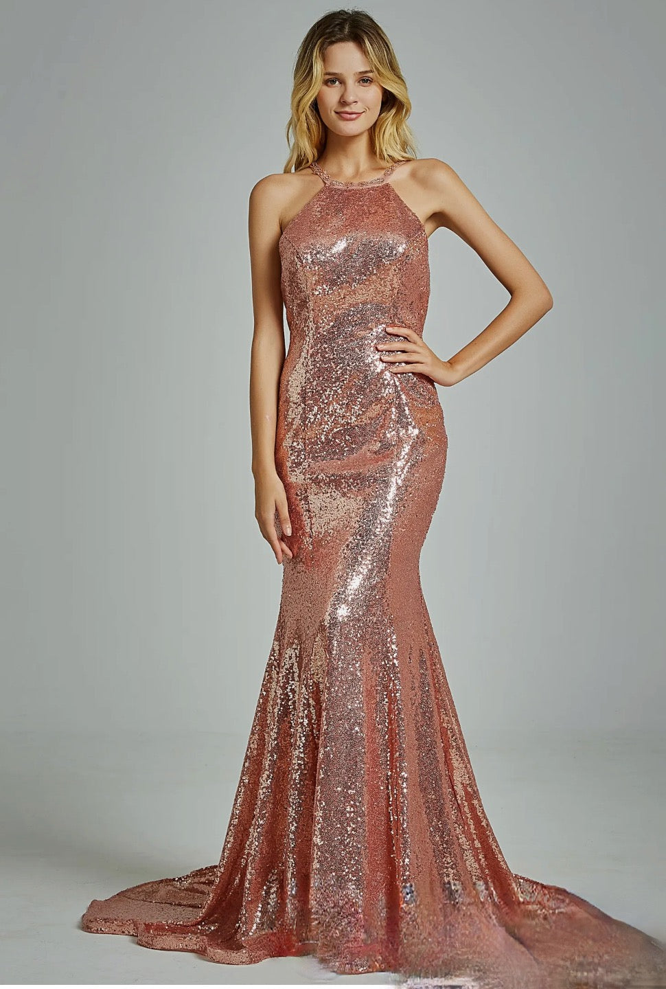 Stretch Halter Neckline Sequin Mermaid Bridesmaid Dress