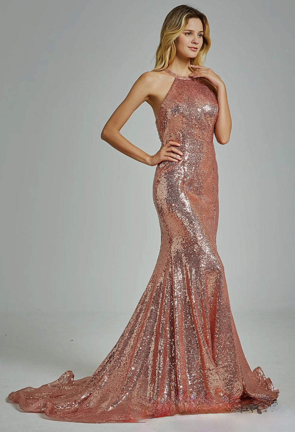 Stretch Halter Neckline Sequin Mermaid Bridesmaid Dress