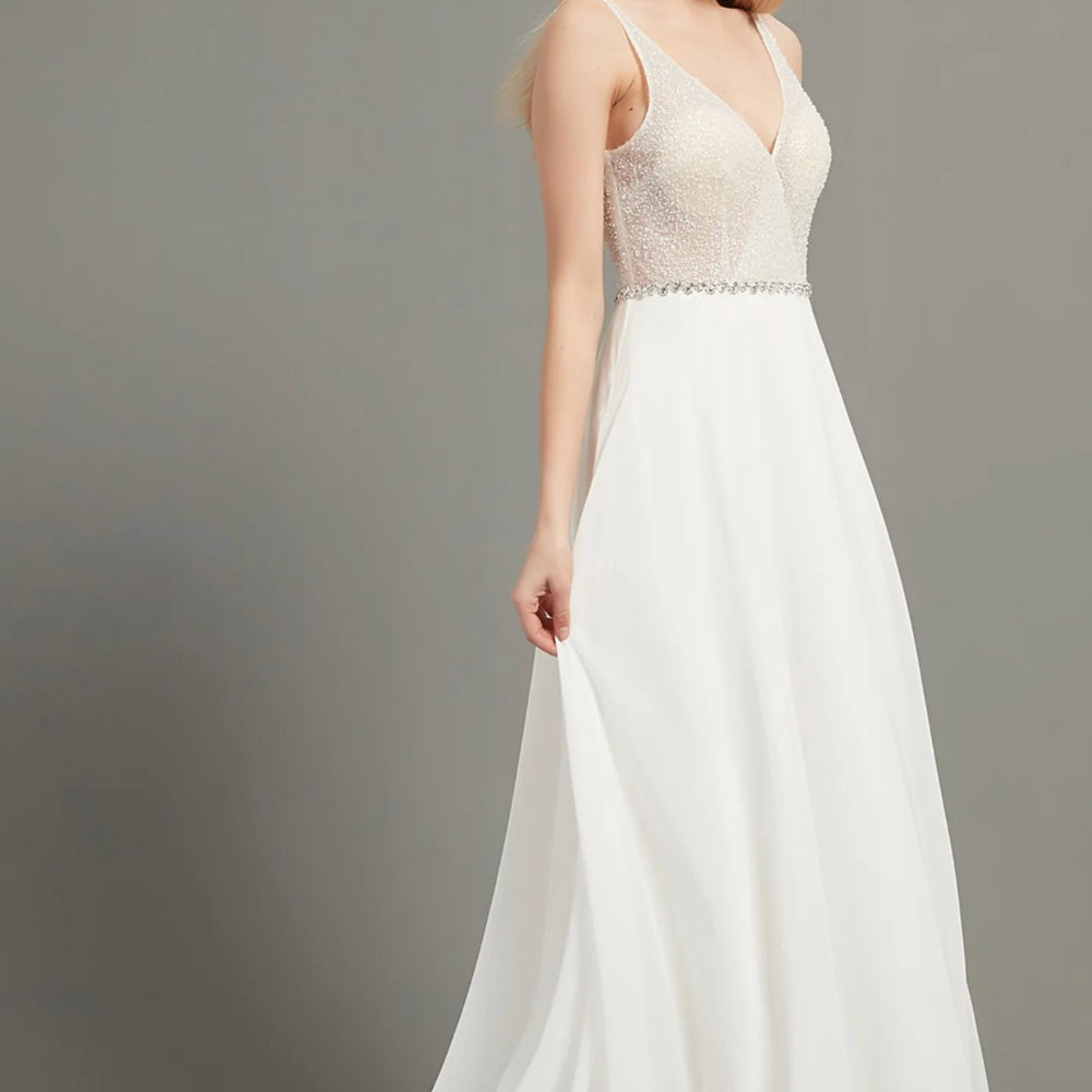 Crystal and Beading V Neck Aline Chiffon Wedding Dress