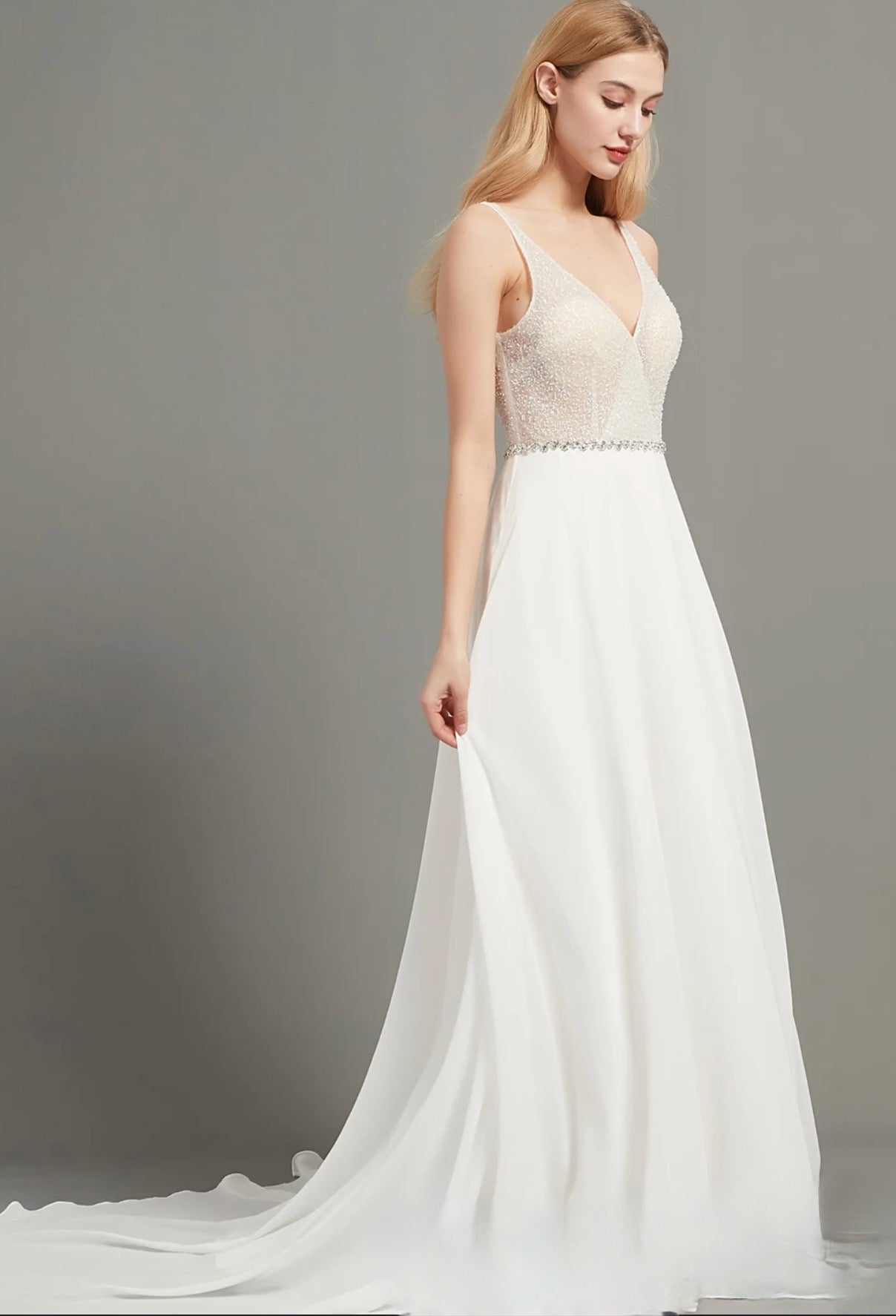 Crystal and Beading V Neck Aline Chiffon Wedding Dress