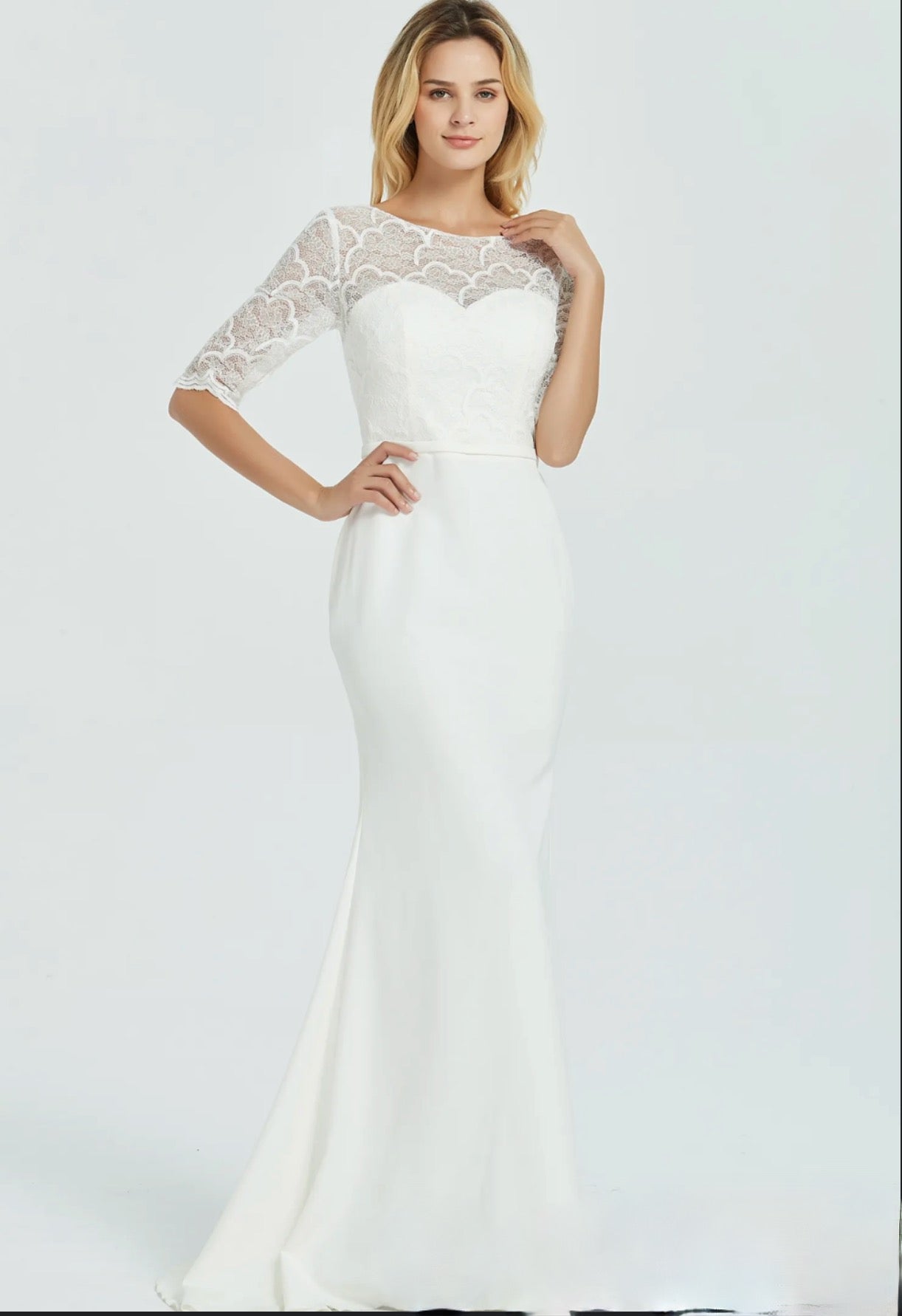 Crepe Long Sleeve Modest Lace Sheath Wedding Dress – TulleLux Bridal Crowns  & Accessories