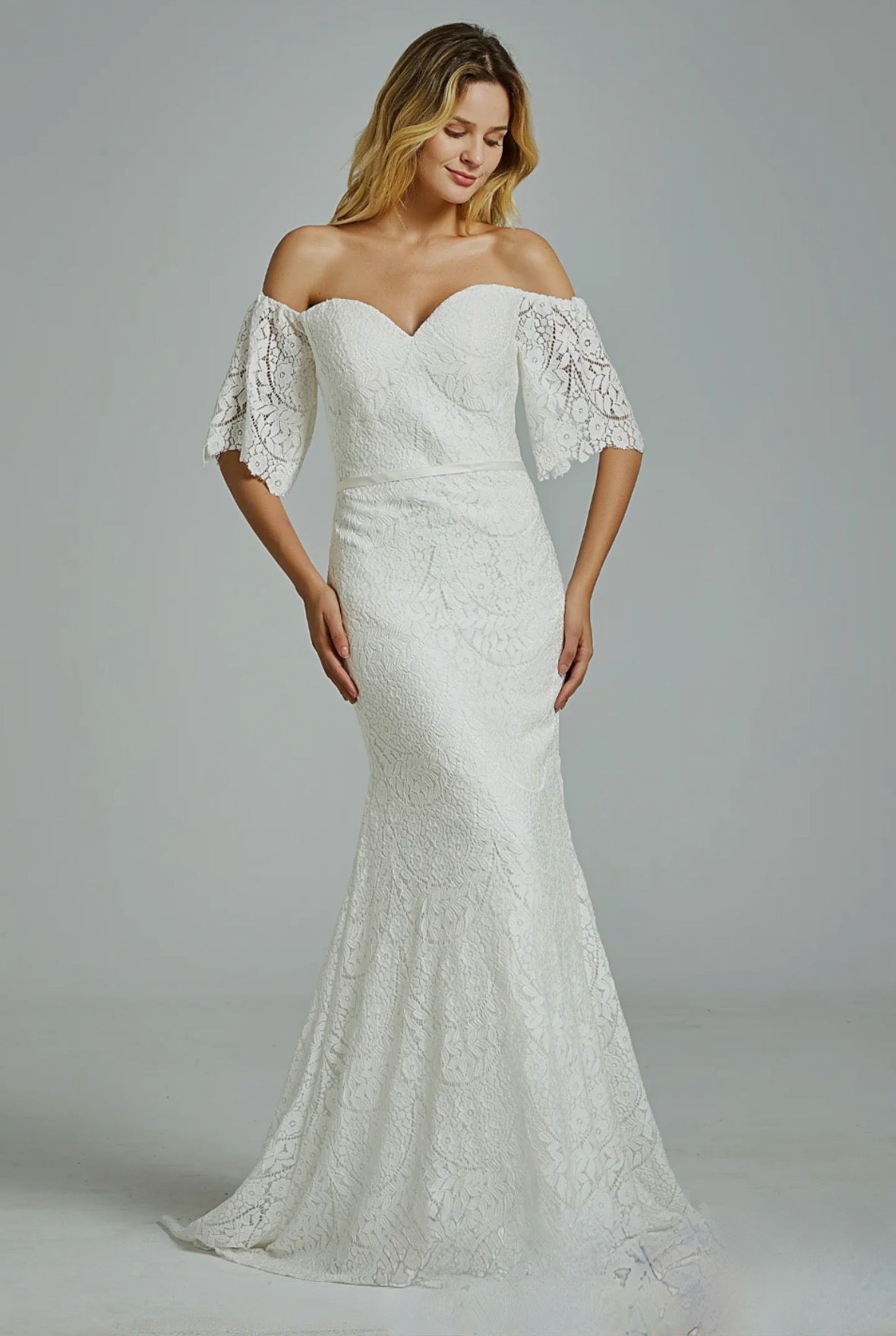 Floral Lace Off-The-Shoulder Sheath Wedding Dress – TulleLux Bridal Crowns  & Accessories