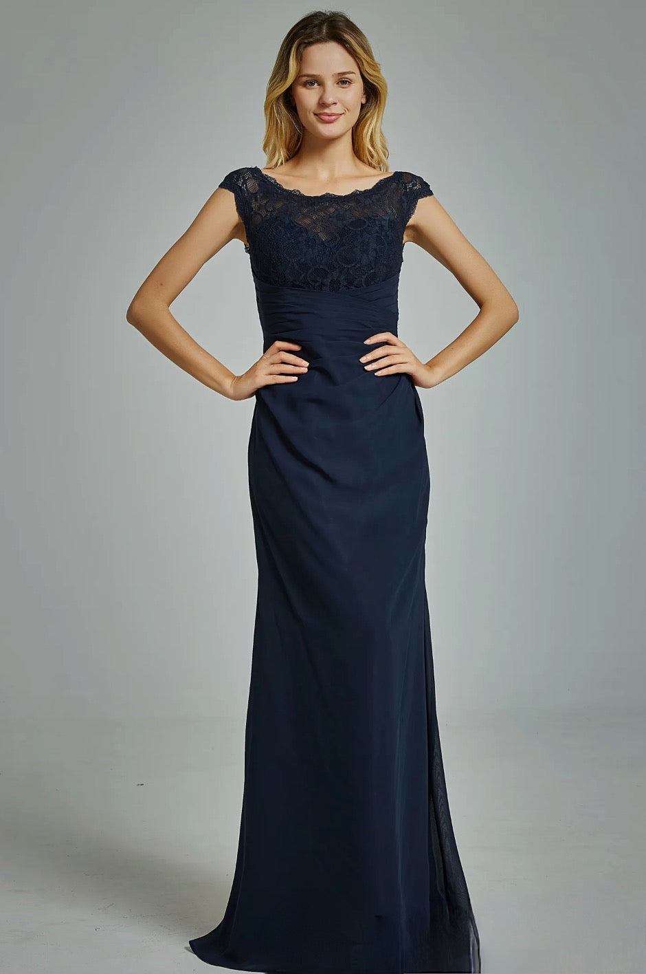 Chiffon Cap Sleeves Bridesmaid Dress with Ruched Bodice