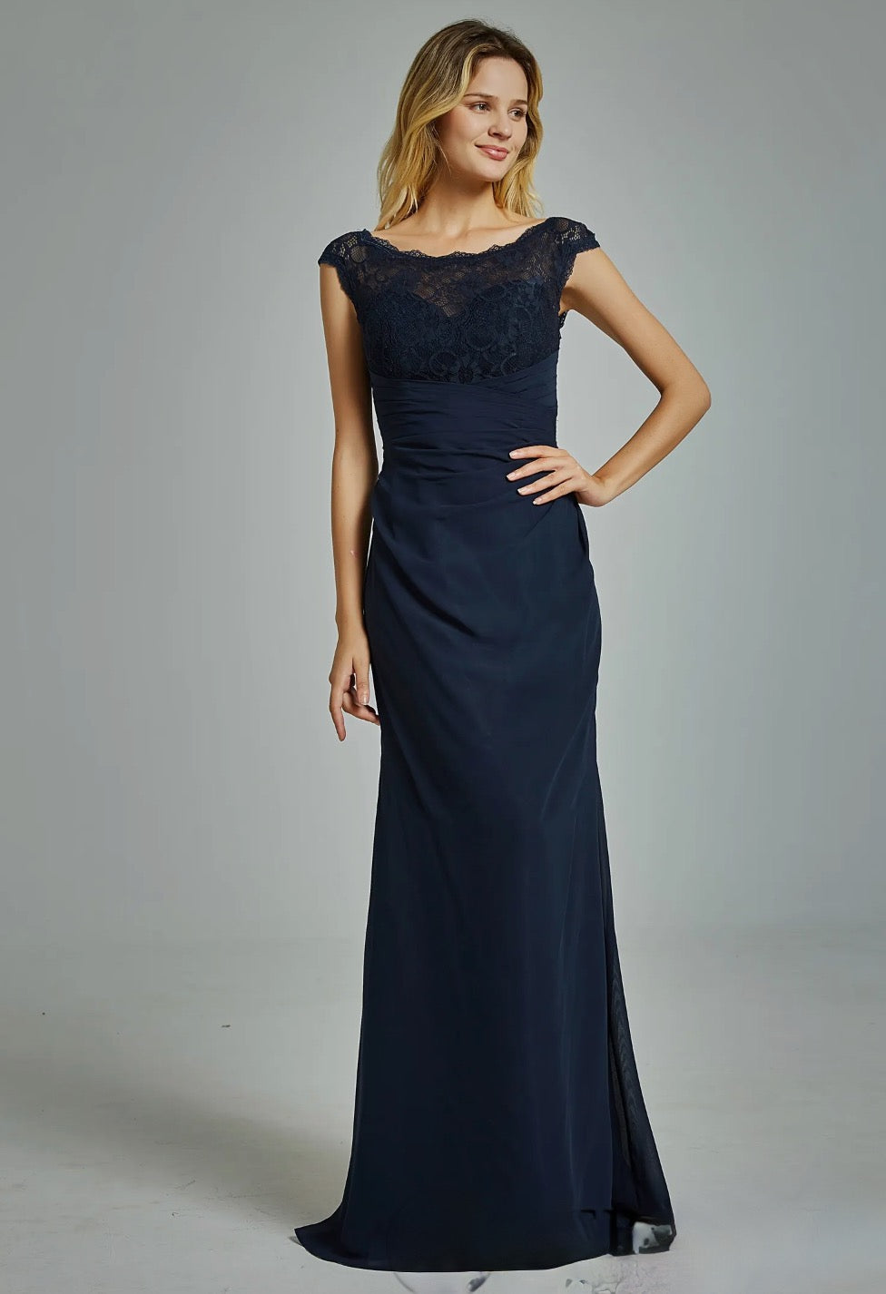 Chiffon Cap Sleeves Bridesmaid Dress with Ruched Bodice