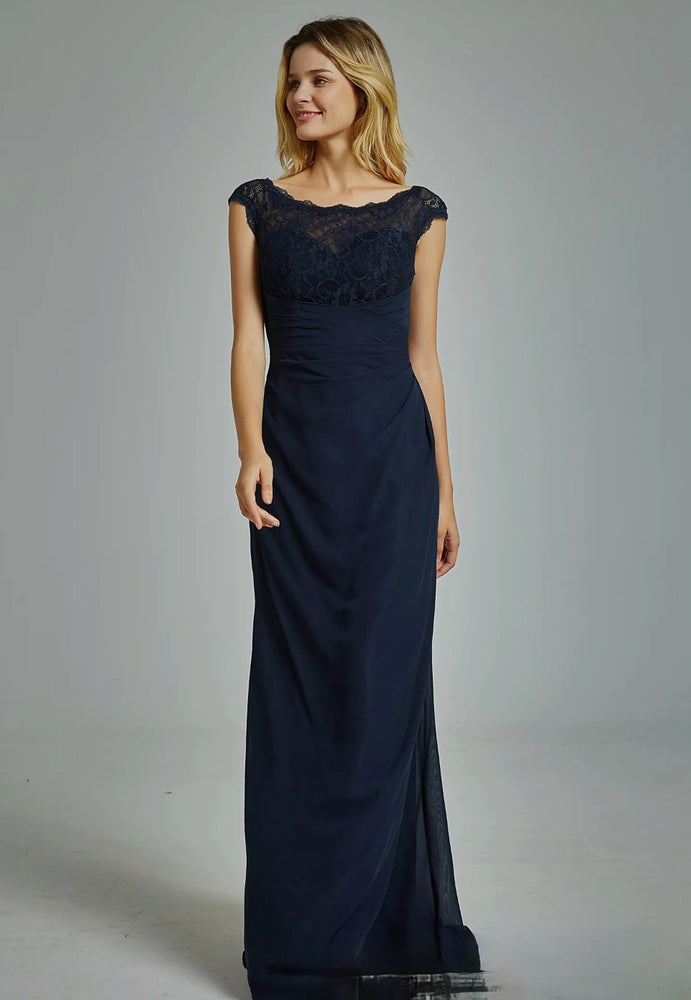 
                      
                        Chiffon Cap Sleeves Bridesmaid Dress with Ruched Bodice
                      
                    