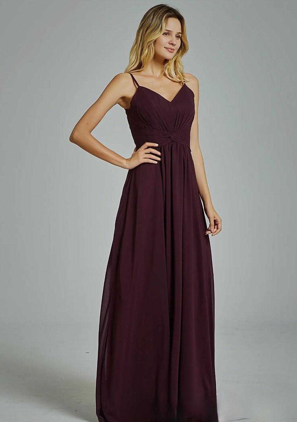 Load image into Gallery viewer, Spaghetti Straps Chiffon Bridesmaid Dress with Twist Front Bodice
