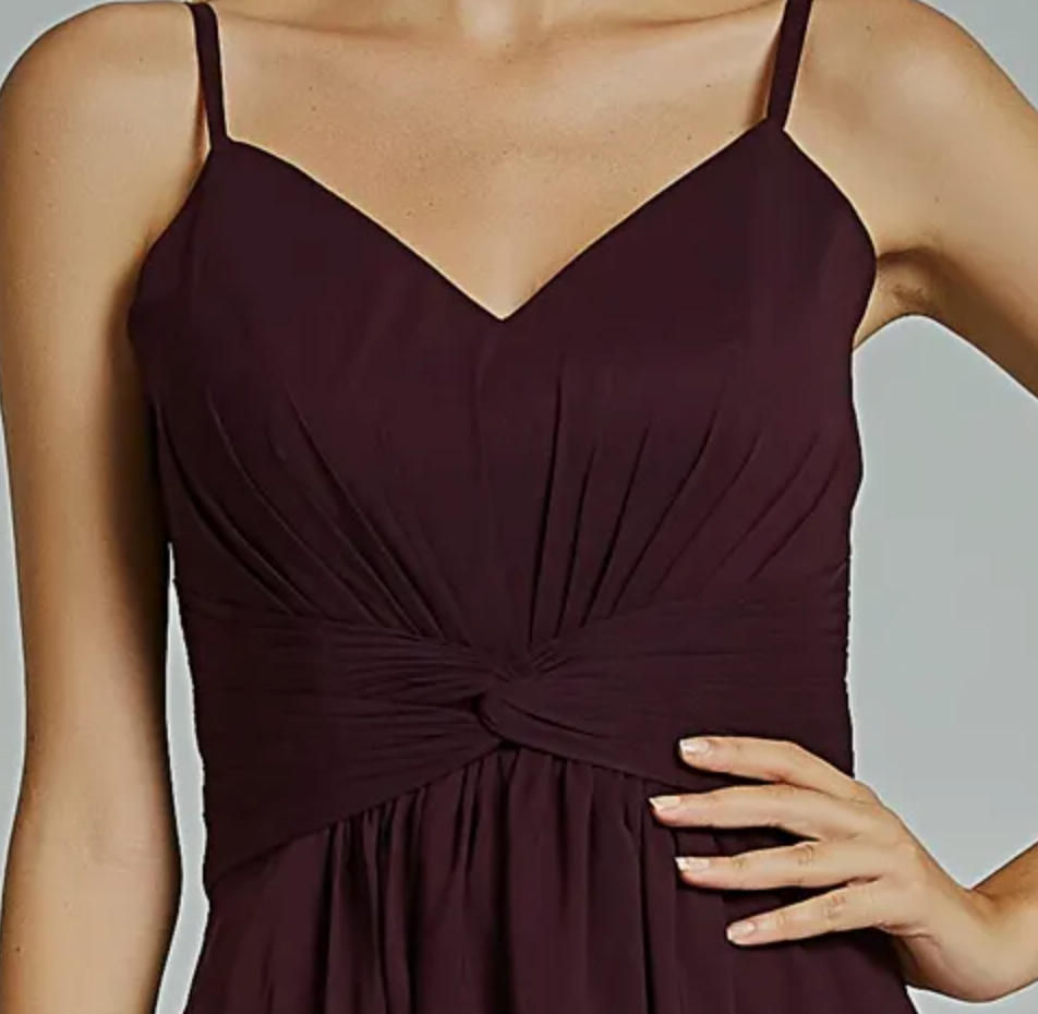 
                      
                        Spaghetti Straps Chiffon Bridesmaid Dress with Twist Front Bodice
                      
                    