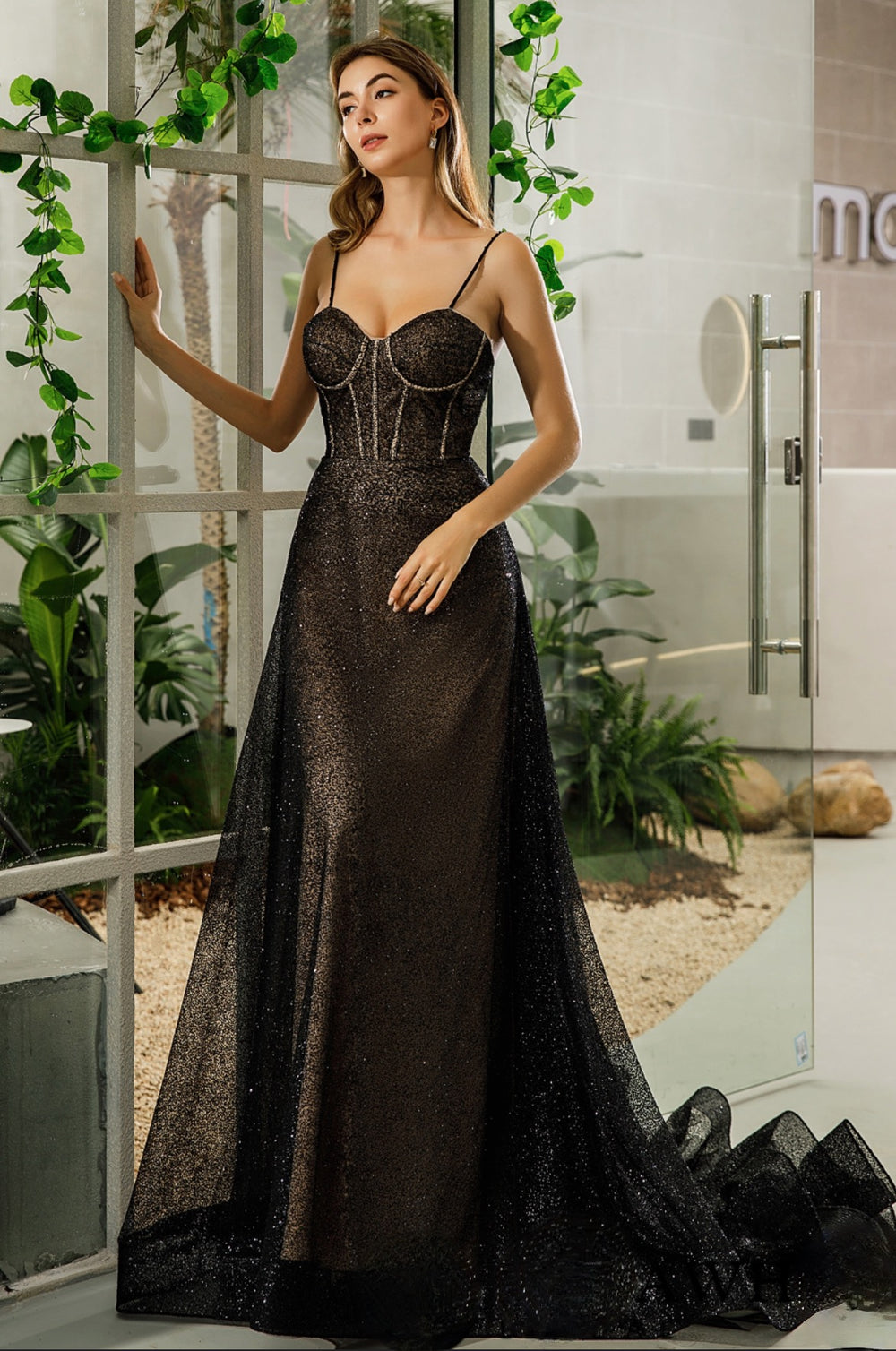 Romantic Black Glitter Tulle Corset Bridal Dress