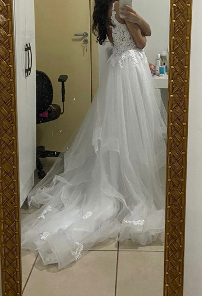 Boho Beach Chic A-Line Tulle Flower Sweep Train Wedding Bridal Dress