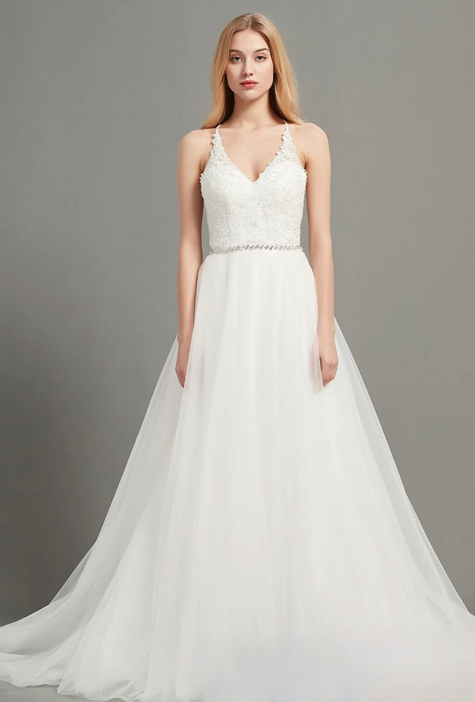 
                      
                        Romantic Open Back V-Neck Wedding Gown With Beaded Belt
                      
                    