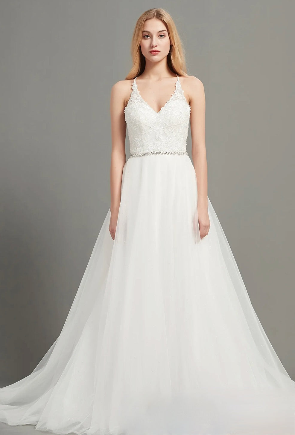 Romantic Open Back V-Neck Wedding Gown With Beaded Belt