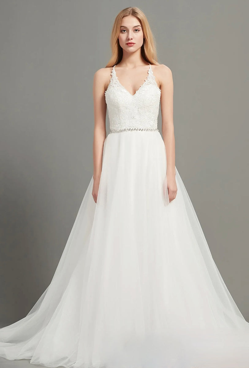 Romantic Open Back V-Neck Wedding Gown With Beaded Belt – TulleLux ...