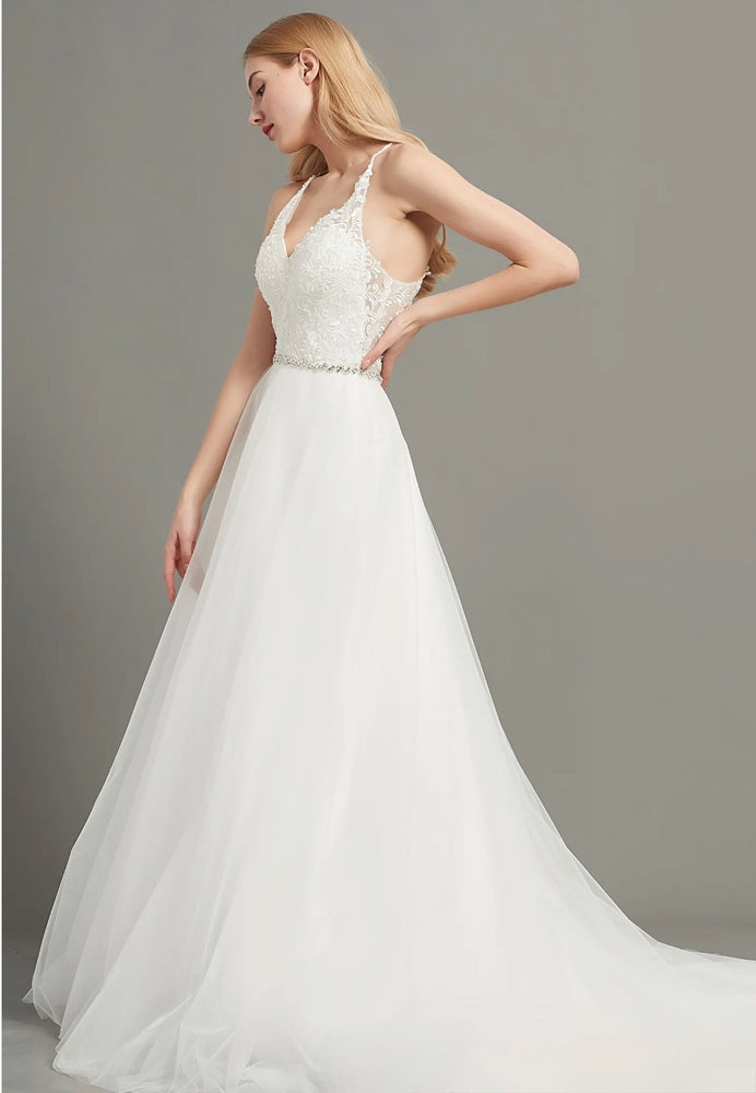 
                      
                        Romantic Open Back V-Neck Wedding Gown With Beaded Belt
                      
                    