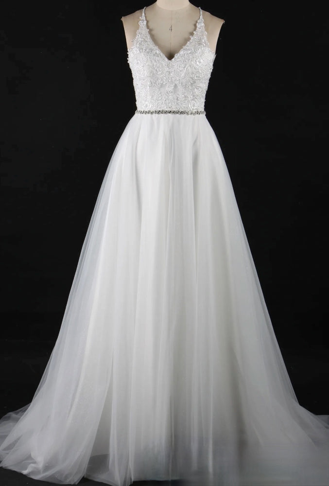 
                      
                        Romantic Open Back V-Neck Wedding Gown With Beaded Belt
                      
                    