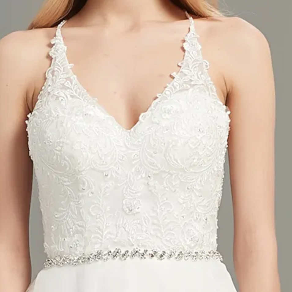 
                      
                        Romantic Open Back V-Neck Wedding Gown With Beaded Belt
                      
                    