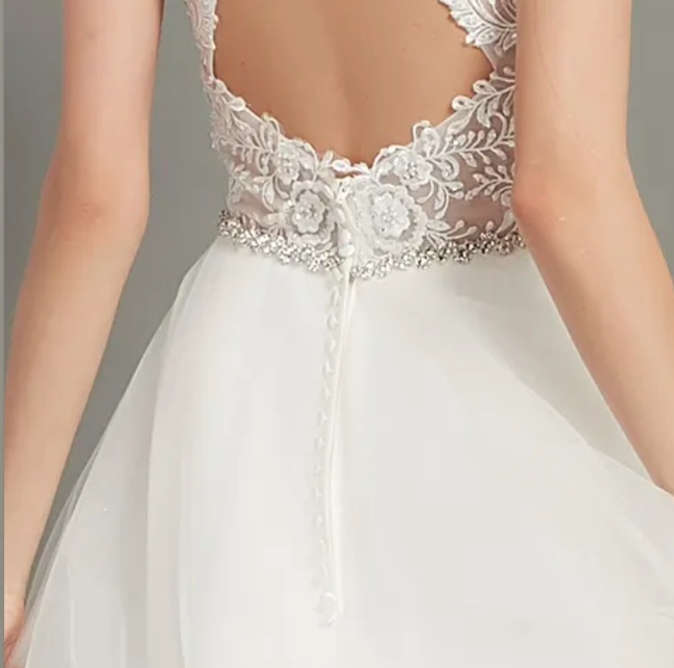 
                      
                        Romantic Open Back V-Neck Wedding Gown With Beaded Belt
                      
                    
