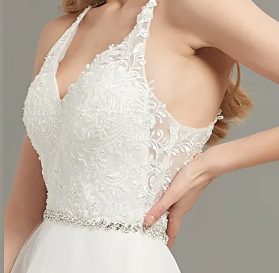 
                      
                        Romantic Open Back V-Neck Wedding Gown With Beaded Belt
                      
                    
