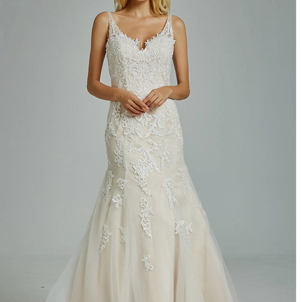 Gorgeous Appliques V Neck Fit & Flare Wedding Gown