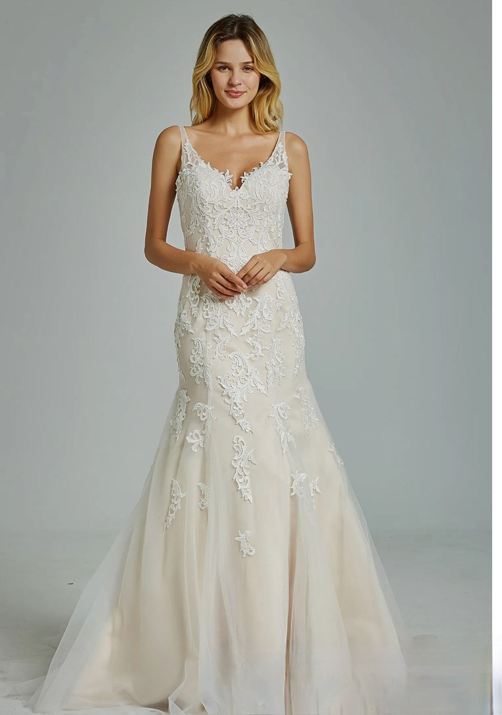 Gorgeous Appliques V Neck Fit & Flare Wedding Gown