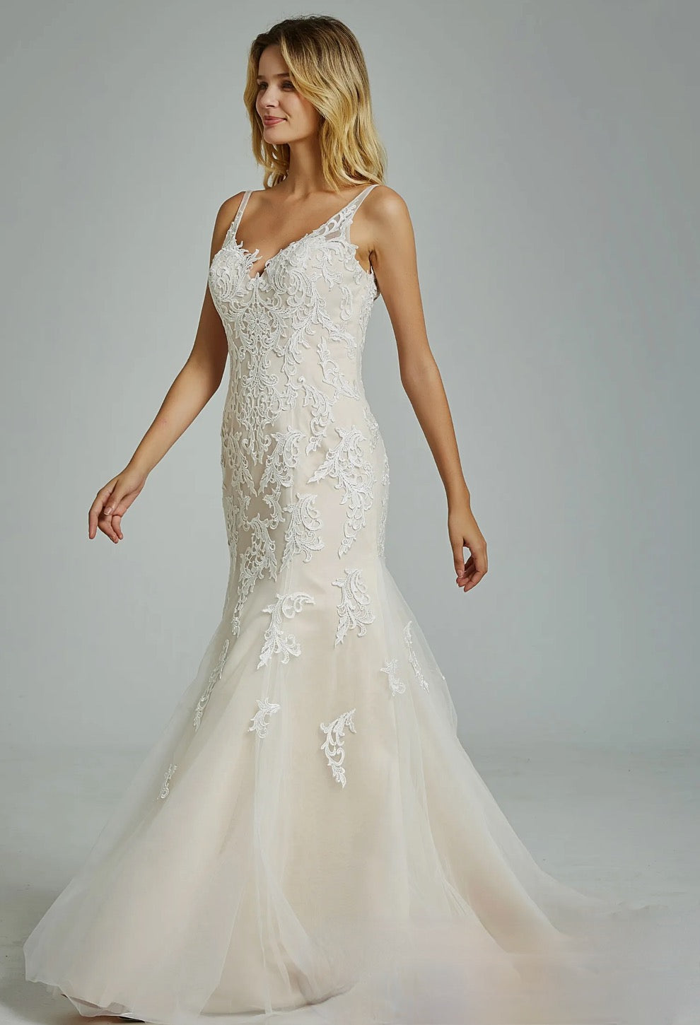 Gorgeous Appliques V Neck Fit & Flare Wedding Gown