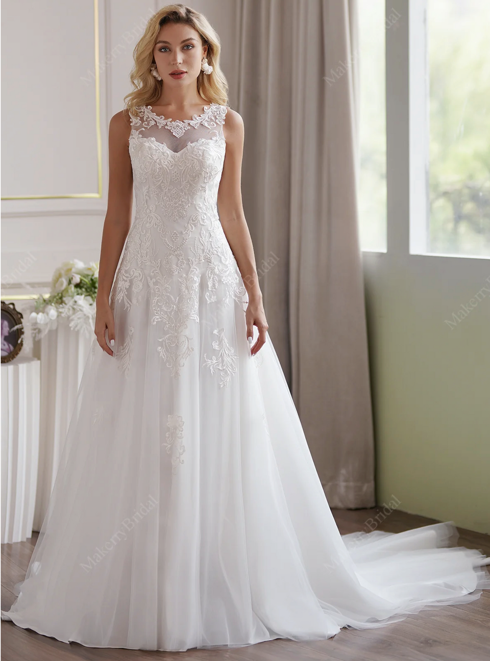 Soft Tulle A-Line Wedding Dress  Illusion Neckline And Sheer Back