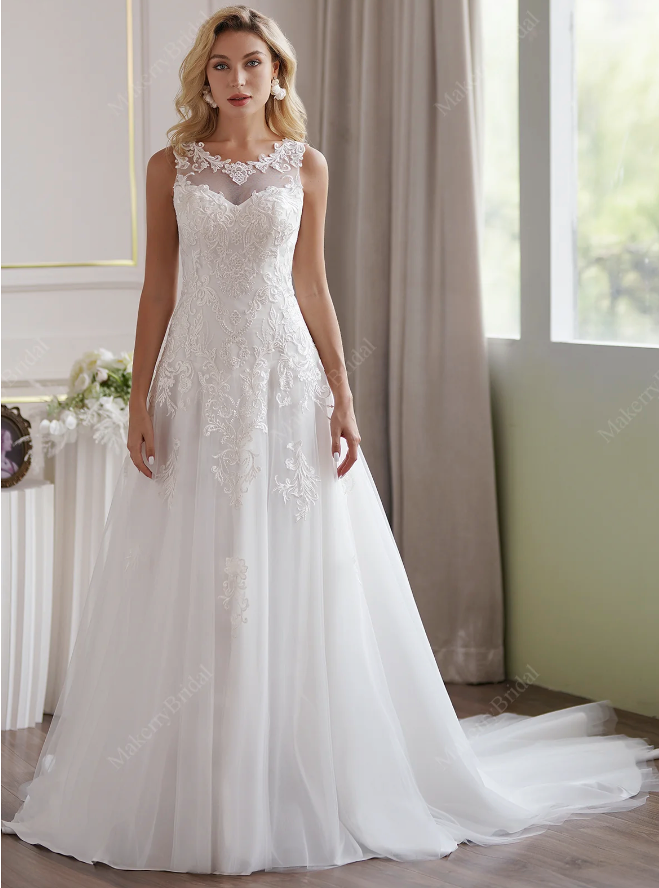 Soft Tulle A Line Wedding Dress Illusion Neckline And Sheer Back