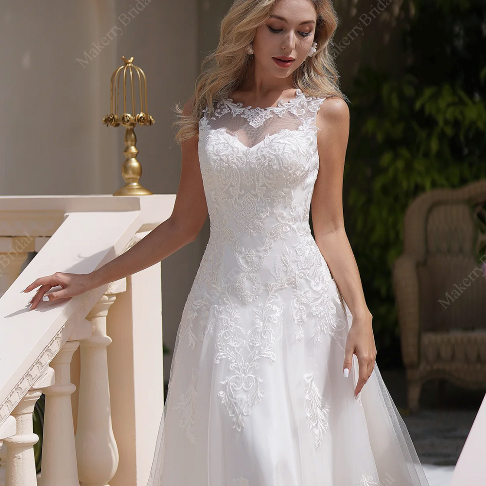 
                      
                        Soft Tulle A-Line Wedding Dress  Illusion Neckline And Sheer Back
                      
                    