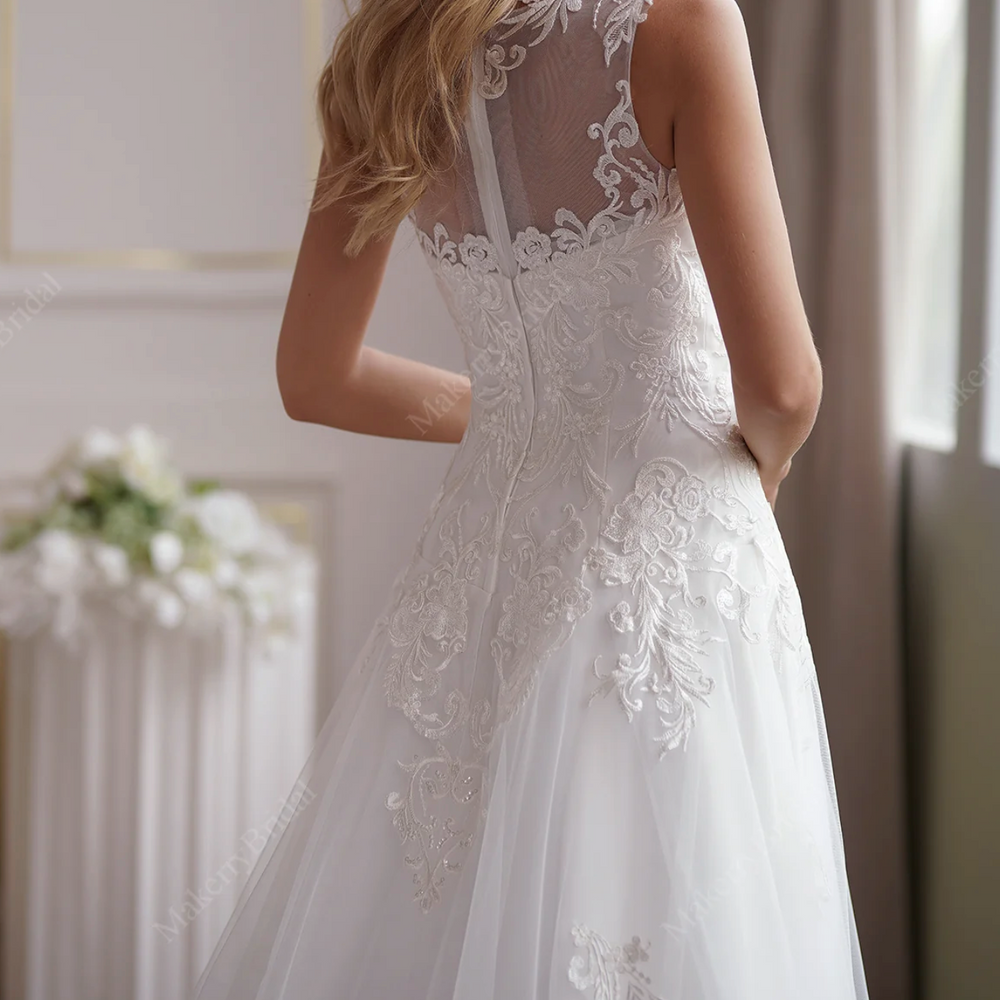 
                      
                        Soft Tulle A-Line Wedding Dress  Illusion Neckline And Sheer Back
                      
                    