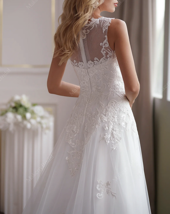 Load image into Gallery viewer, Soft Tulle A-Line Wedding Dress  Illusion Neckline And Sheer Back
