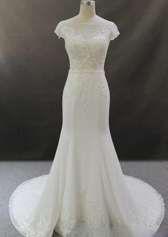 Glamour Lace Fit and Flare Wedding Dress With Cap Sleeve