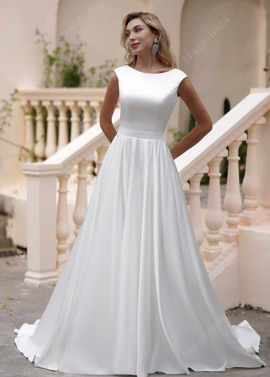 Simple Long Satin A-Line Wedding Dress With Pockets