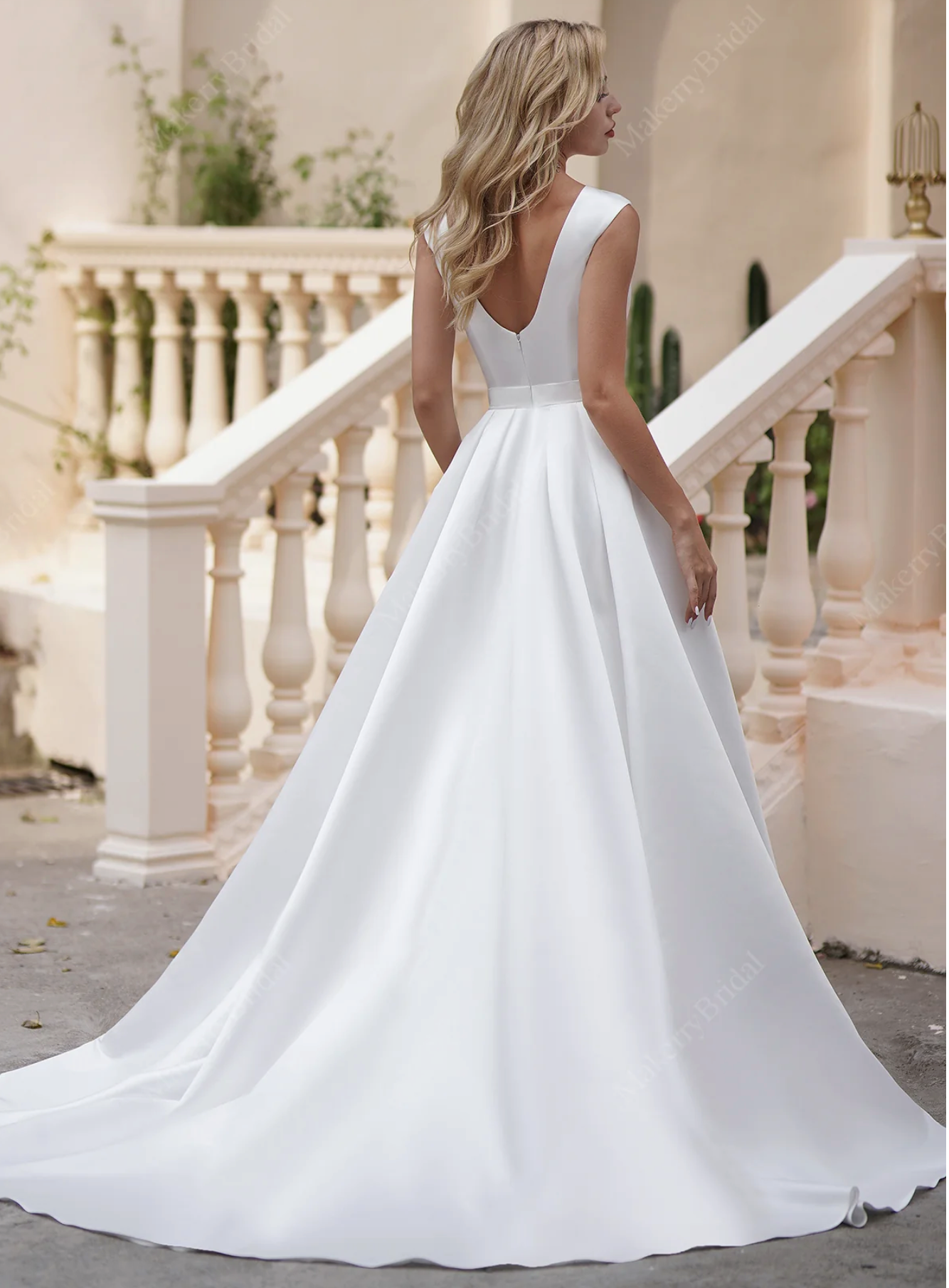 Simple Long Satin A-Line Wedding Dress With Pockets