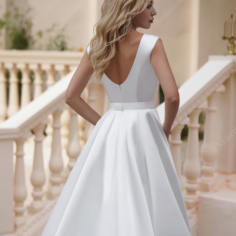 
                      
                        Simple Long Satin A-Line Wedding Dress With Pockets
                      
                    