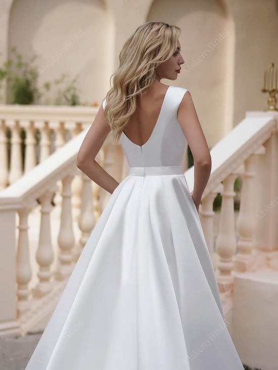Simple Long Satin A-Line Wedding Dress With Pockets – TulleLux Bridal  Crowns & Accessories
