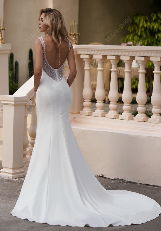 Simple Satin Wedding Dress With Beaded Backless